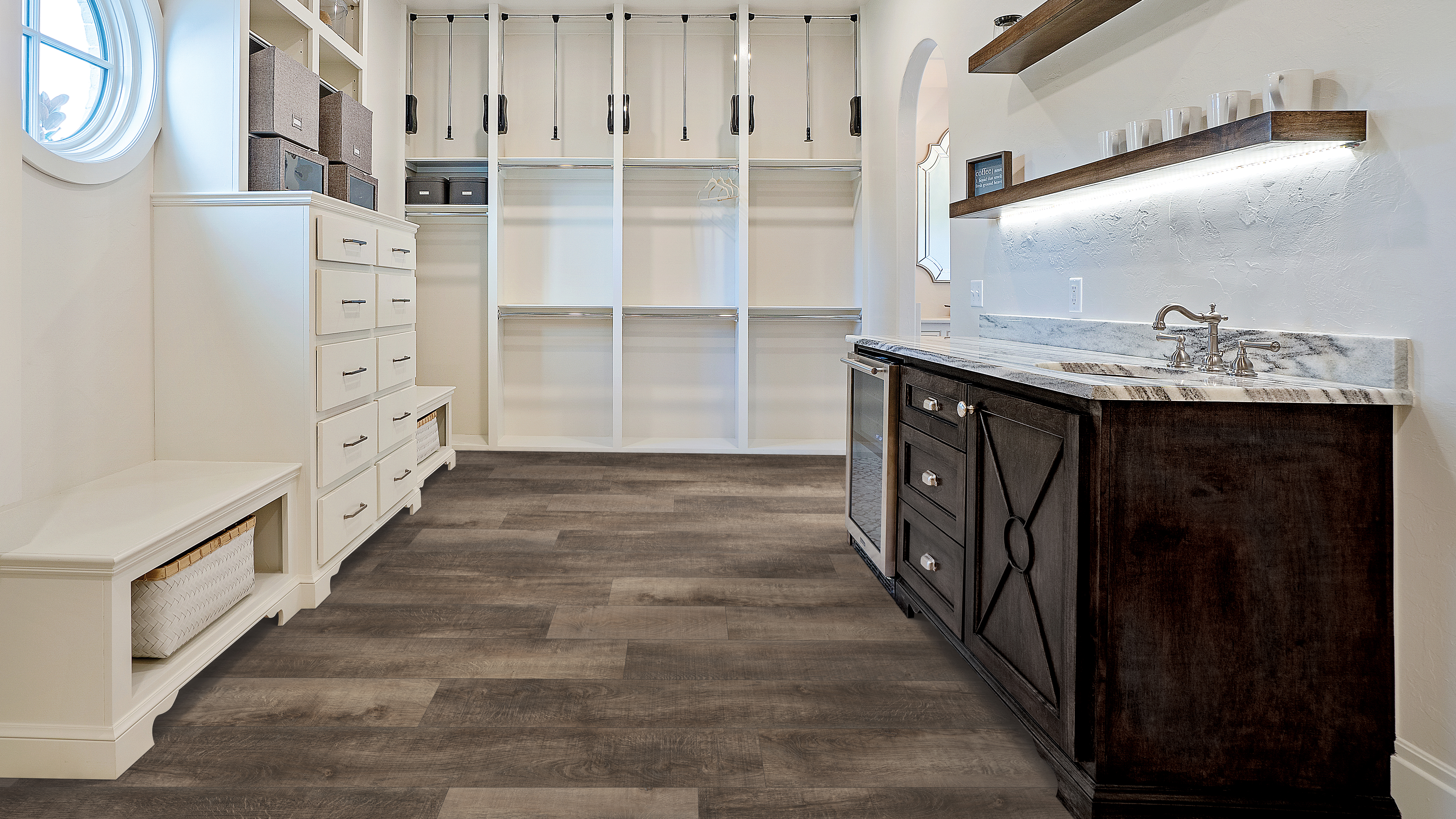 Tile flooring in an entryway. Installation services available.