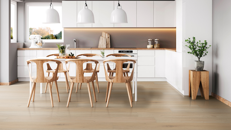 luxury vinyl plank flooring in a stylish bright kitchen